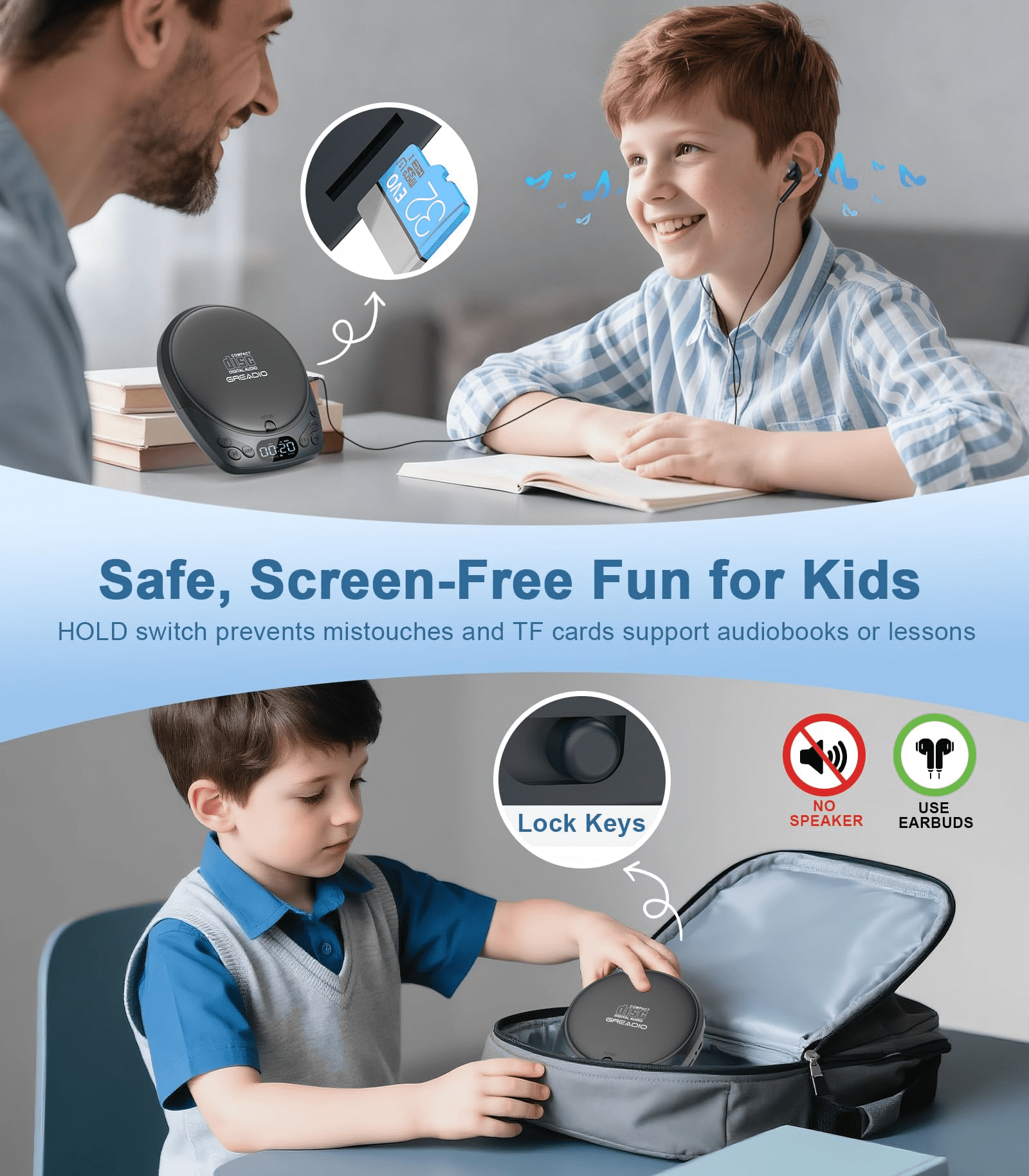Greadio Portable CD Player with Headphones, Rechargeable Discman CD Player for Car & Home, Supports CD/MP3/WMA/TF Card/AUX, Backlit/Lock/Programmable/Timer