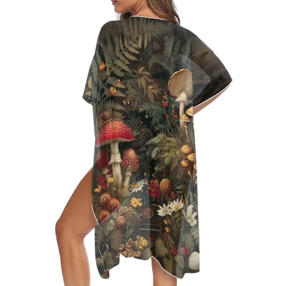 SEANATIVE Summer Beach Coverup for Women Swimsuit Kimono Flowy Lightweight Open Front Beach Cover Up Soft Swimsuit Coverups for Poolside Party, Mushroom Daisy Leaf Pattern