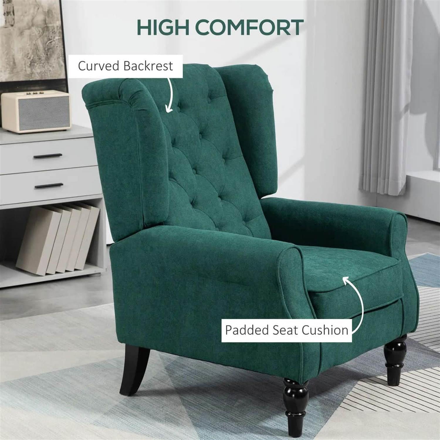 Demi Bonn 40" Modern Upholstered Armchair with High Back Button Tufted, Mid-Century Retro Wood Leg Chair for Living Room, Bedroom, Green