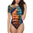 thumbnail image 1 of Bingfone Yellow Fish Seahorse Pattern Women's Round Neck Bodysuit, Tight Snap Button Short Sleeve Bodysuit, Suitable for Party, Sports, Daily Wear-Large, 1 of 7