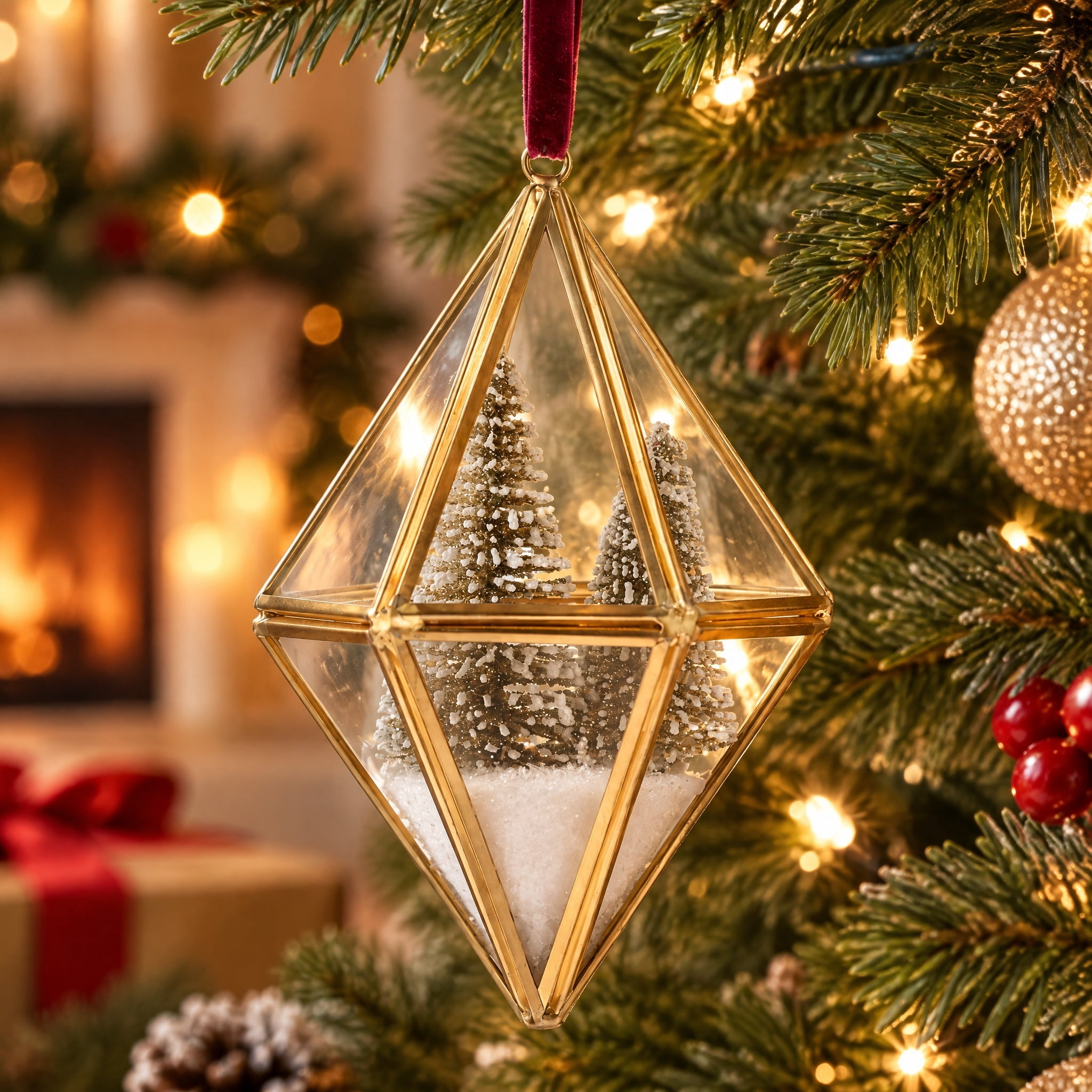 Gold Metal and Glass Diamond with Snow-Flocked Trees Christmas Ornament, 5.3", by Holiday Time