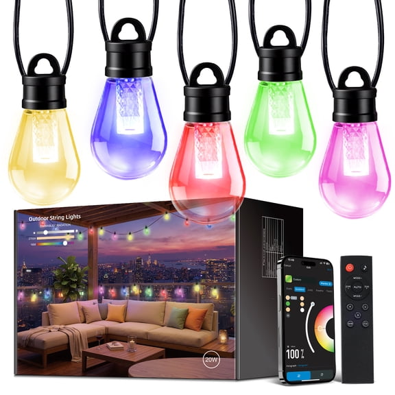 Outdoor Smart RGBW String Light, LED Bulbs, 150Ft Patio Lights Waterproof IP65, App Control, Dimmable Warm White, 111 Scene Modes, Compatible with Alexa