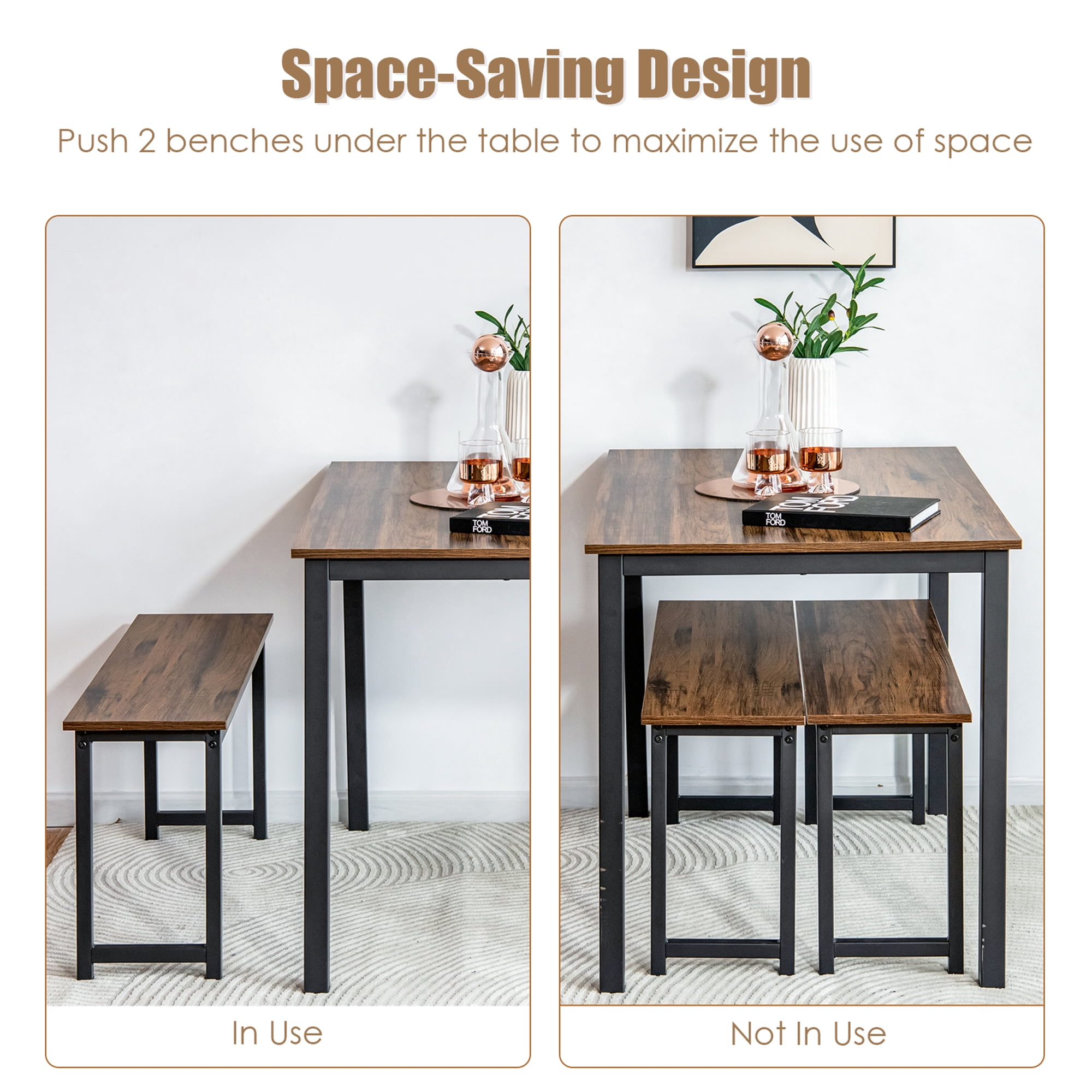 Gymax Brown Modern 3 PCS Dining Table Bench Set w/ Metal Frame & Wooden Tabletop