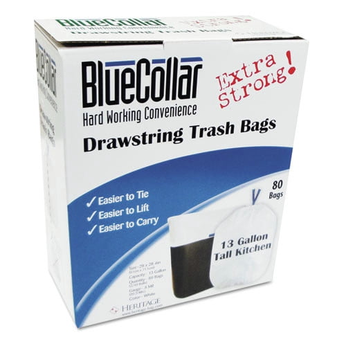 BlueCollar N4828EW RC1 Drawstring Trash Bags, 13 Gal, 0.8 Mil, 24' X 28', White, 80/box
