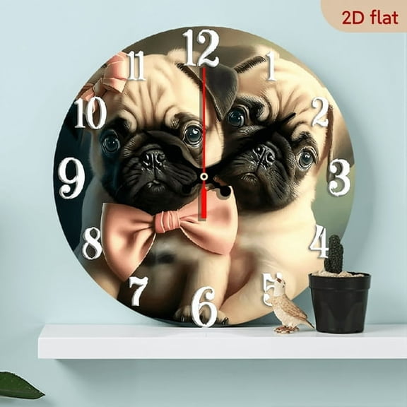 10 Inch Round Wooden Wall Clock with Cute Pug Dog Design, Silent Battery Operated for Home, Office, and Bedroom Decor