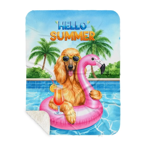 Hello Summer Afghan Hound at Swimming Pool Flamingo Swim Ring Cozy Sherpa Blanket Dog Lover Warm Soft Throw Blanket - 12009