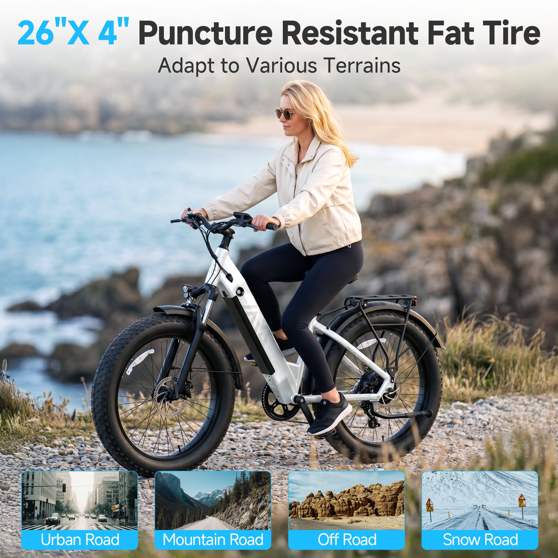 TST Electric Bike for Women, 750W E-Mountain Bike, 26" Fat Tire Electric Bike, 48V/15Ah Battery UL2849, 60Miles Long Range, 7-Speed Gear, 20mph Fast Ebike
