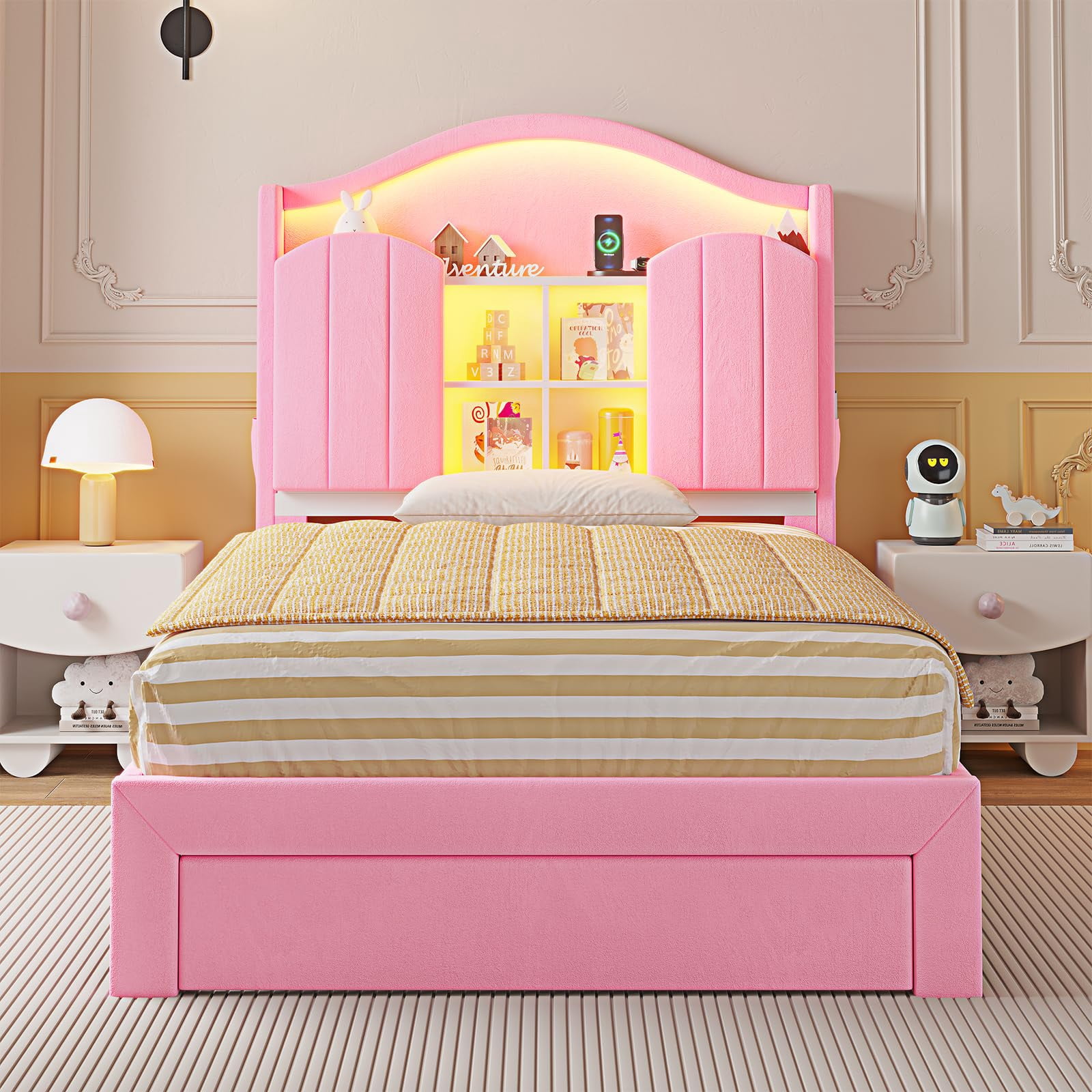 Afuhokles Twin Bed Frame with Drawer and LED Lights and Charging Station, Hidden Storage Headboard Princess Velvet Upholstered Platform Bed with Headboard, Pink