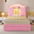 thumbnail image 3 of Afuhokles Twin Bed Frame with Drawer and LED Lights and Charging Station, Hidden Storage Headboard Princess Velvet Upholstered Platform Bed with Headboard, Pink, 3 of 7