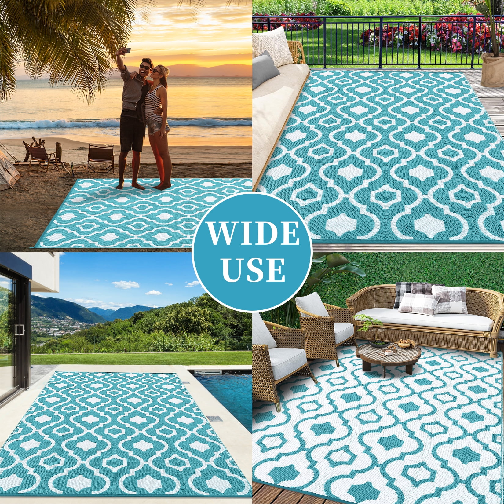 HOMERRY Outdoor Rug Straw Plastic Reversible Waterproof Outside Patio Rug, Blue/White Geometric Floral, 8'x 10'