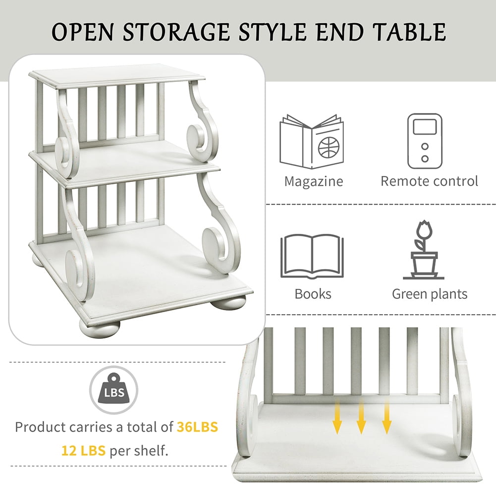 Resenkos 3-Tier Bedroom Nightstand, Classic Vintage Living room End Table Open Storage Style Side Table,White Resenkos 3-Tier Bedroom Nightstand, Classic Vintage Living room End Table Open Storage Style Side Table,White