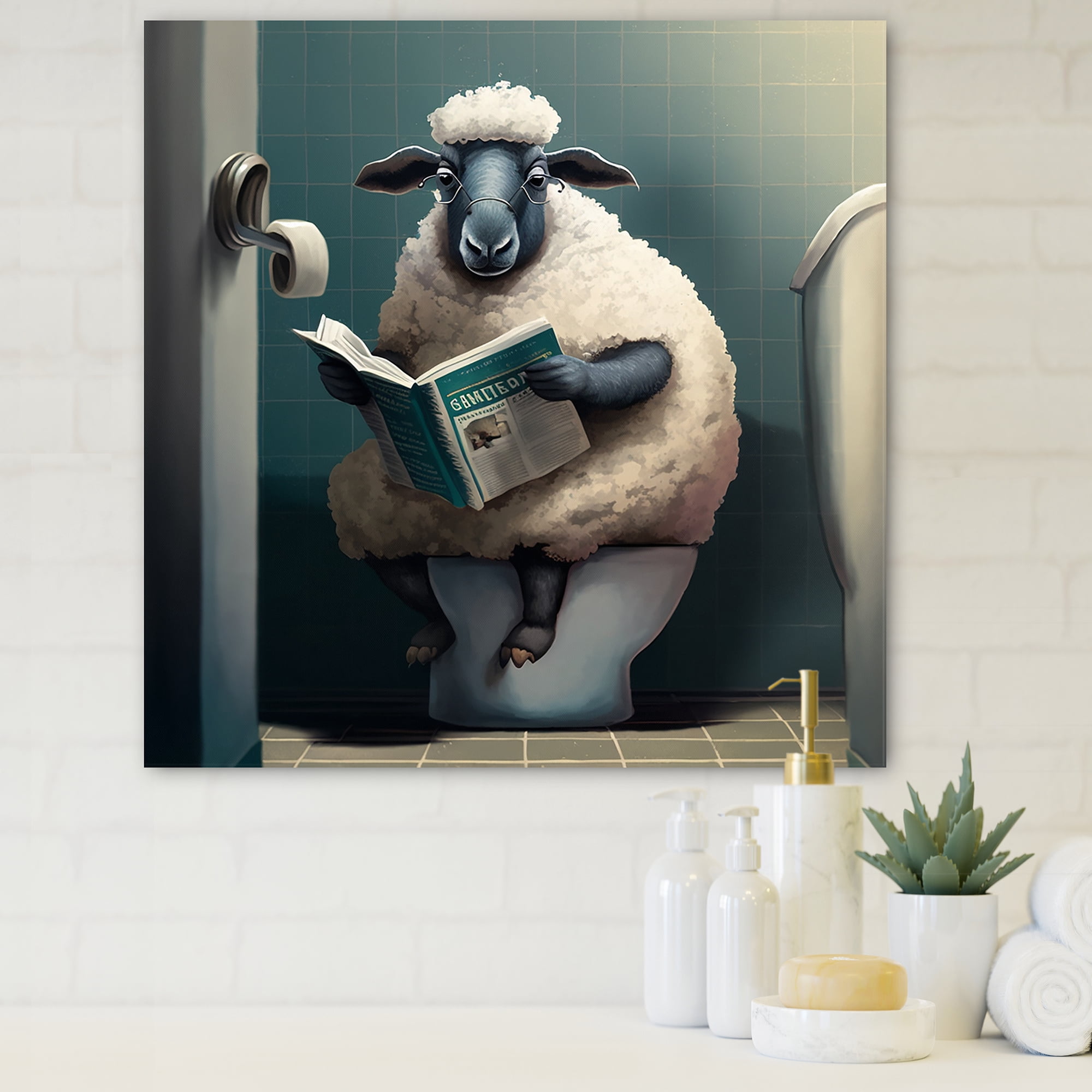 Designart Sheep On Toilet Reading News Canvas Wall Art