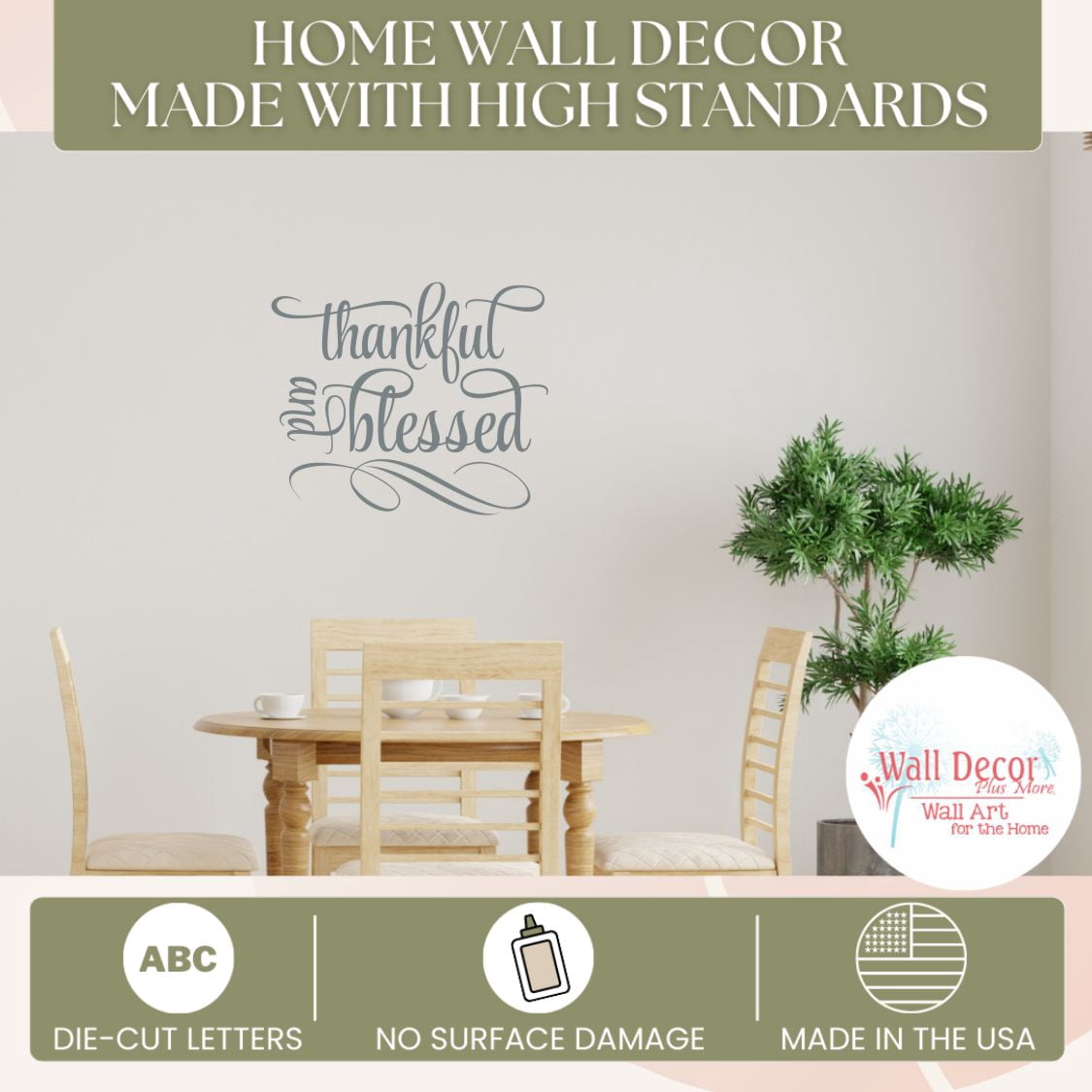 Kitchen Wall Art Decal Thankful Blessed Cursive Word Quote Swirls Wall Stickers 23x19-Inch Storm Gray