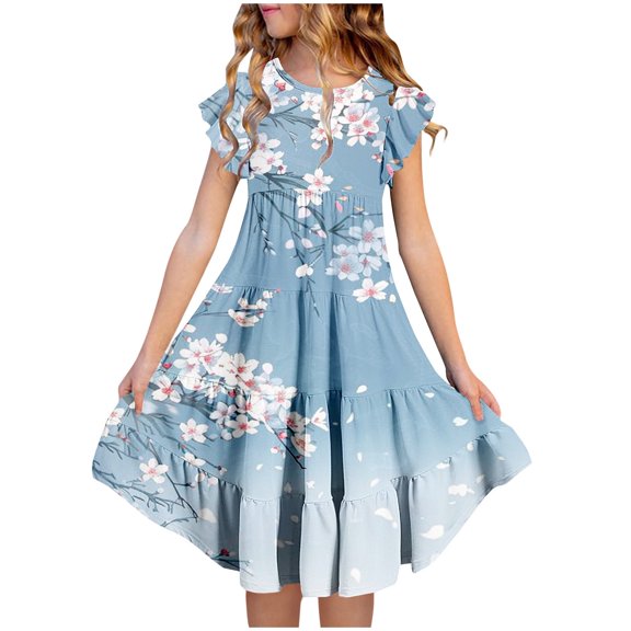 Crunowin Girls Summer Dress Short Sleeve Round Neck Floral Print Ruffle Waist & Pockets Kids Everyday Layered Dress Multicolor Size 12/13