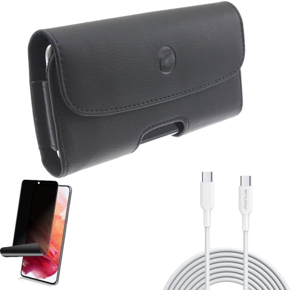 Privacy Screen Protector w Case Belt Clip w 6ft Long Type-C Cable for Samsung Galaxy S21 Plus - TPU Film Fingerprint Works, Leather Holster, PD Fast Charger Cord Power Accessory Bundle