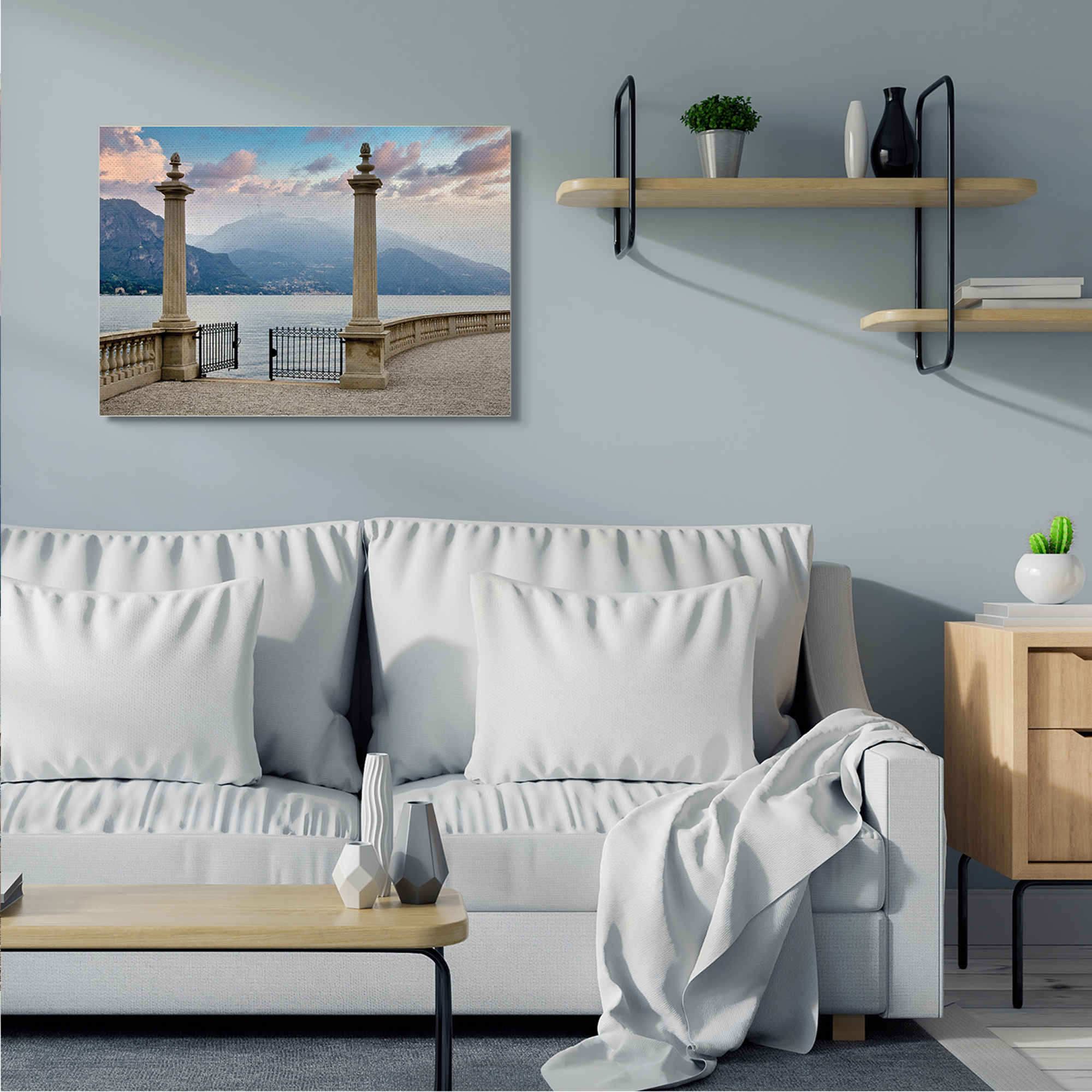 Stupell Industries Mountain Lake Landscape Italian Column Architecture Abstract Photography Gallery Wrapped Canvas Art Print Wall Art, 30 x 40