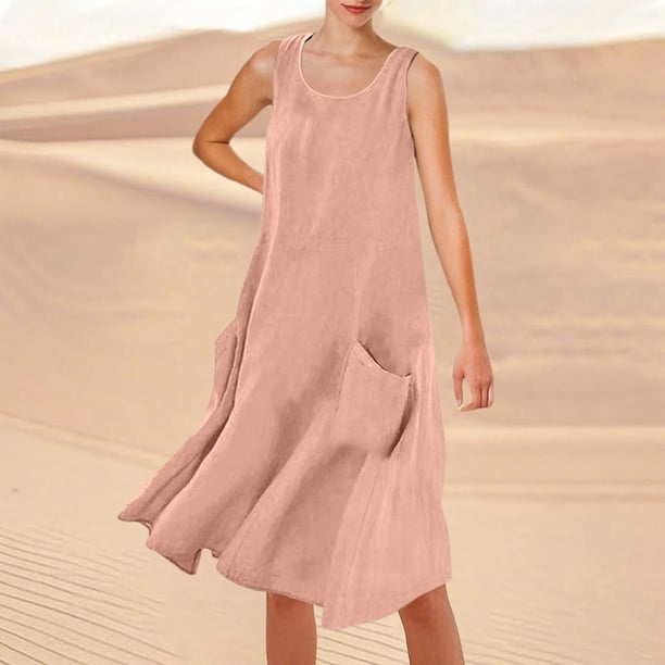 WILLBEST Vestido Lino Mujer Vestido Playero Informal De Verano De Color Liso Sin Mangas Hasta La Rodilla Con Cuello Redondo Y Bolsillos Para Vacaciones, Viajes Y Uso Diario