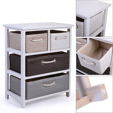 Bedside Cabinets Mirrored Jaxpety Storage Drawer Shelf Unit 4 Wicker Rattan Basket Cabinet Chest Wooden Nightstand Bedside Table ()