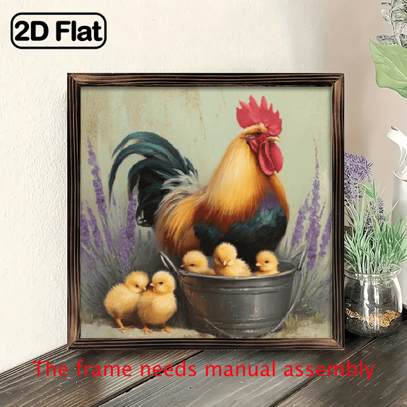 2D Flat, 1pc Rustic Farmhouse Chicken Family Wall Art - Recycled Wood Framed Rooster Chicks in Lavender Field Painting, 8x8 Inch Vintage Country Kitchen.