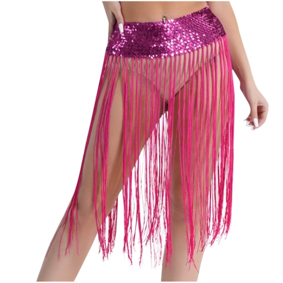 Oplxuo Women's Sexy Fringe Tassel Skirt Sparkly Sequin Patchwork Belly Dance Cover Up Skirt Hip Scarf Rave Costume