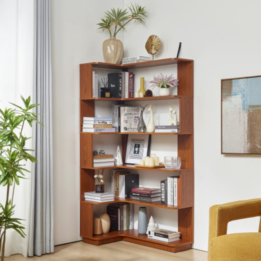 5-Tier L-Shaped Corner Bookshelf, 35.43" Freestanding Wooden Bookcase with Anti-Drop Panels & Anti-Tip Device, Open Display Storage for Living Room, Bedroom & Home Office, Dark Oak