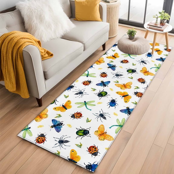 Spring Butterfly Dragonfly 2'x6' Runner Rugs for Hallway Kitchen Bedside Non Slip Washable, Farmhouse Botanical Floral Entryway Rug Runners with Rubber Backing, Long Carpet Runner for Laundry Room
