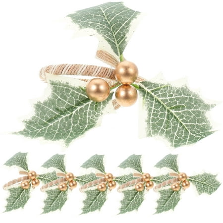

6pcs Napkin Buckles Christmas Simulated Green Leaves and Berry Design Napkin Rings