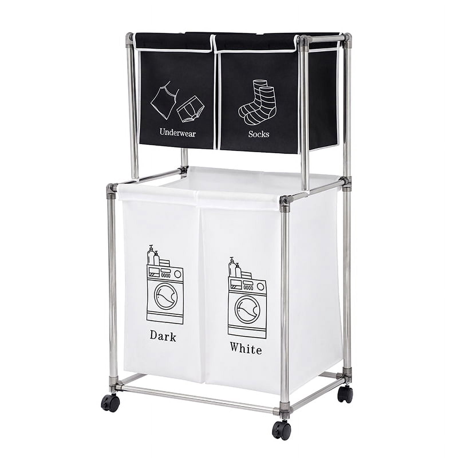 2 Tier Laundry Basket Sorter with 4 Removable Bags and Wheels, Double Layer Frame, Fabric Organizer for Lights Darks, Black White