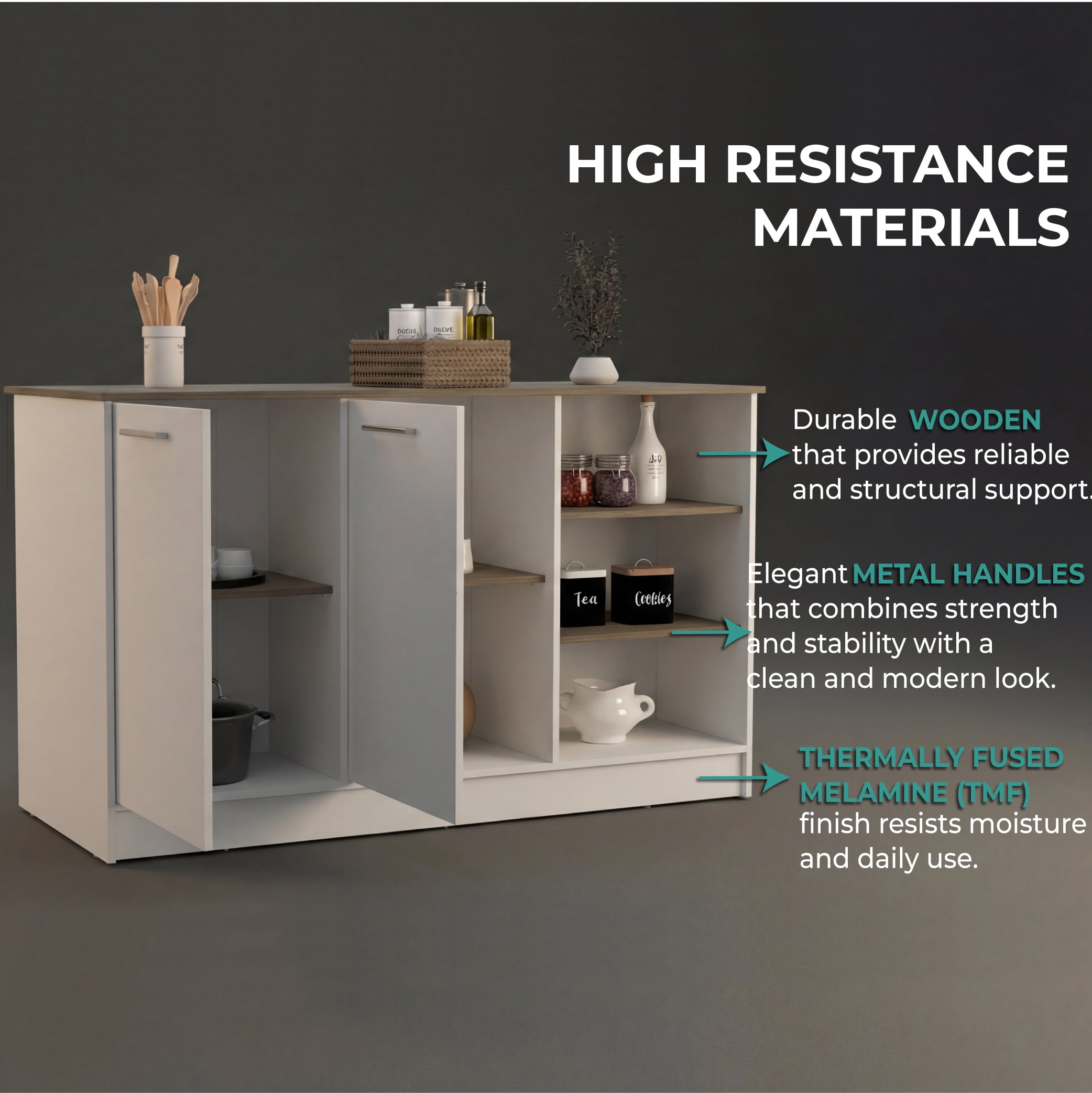 Ginger Kitchen Island, Three Open Shelves, Two Cabinets White / Dark Brown