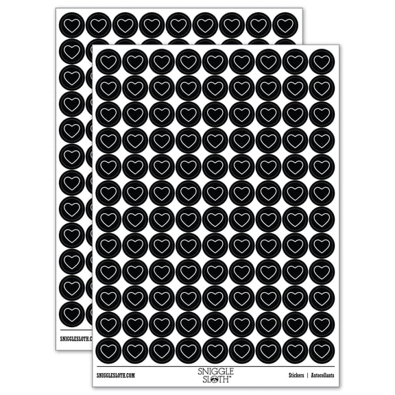 Heart Love Outline 200 Round Stickers - Black - Gloss Finish - 0.50" Size