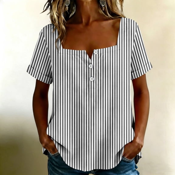 Yrmaups Loose Fit Short Sleeve T Shirt for Women Plus Size, Square Neck Button Down Blouse, Striped Casual Tee, Soft Stretch Top for Beach Travel Office Daily Wear, Black 2XL