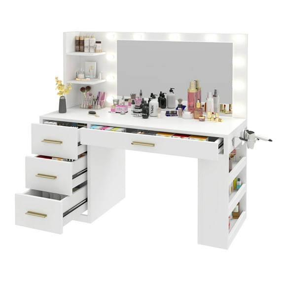 Craftian Makeup Vanity with 3 Color Lights & 3 Storage Shelves, Modern Vanity Makeup Desk with 4 Drawers & USB Charging Station, Vanity Table for Bedroom, White