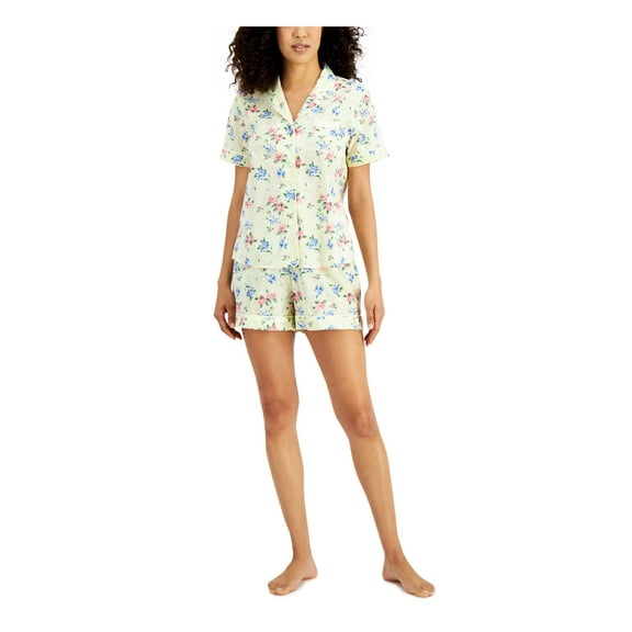 CHARTER CLUB Sets Yellow Woven Elastic Band Floral Short Sleeve V Neck Button Up Sleepwear  Size XL