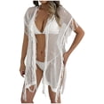 thumbnail image 3 of Tqyyweavej Women's Crochet Swim Cover Up Hollow Out V Neck Free Size Beach Cover Up Solid Color Short Sleeve Swimsuit Coverup for Women with Tassels, 3 of 9
