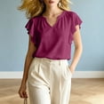 thumbnail image 4 of ClodeEU Women's V Neck Ruffle Flutter Short Sleeve Blouse,Solid Loose Casual Summer Top Red,Women's Plus XXL, 4 of 5