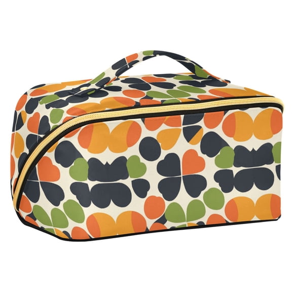 FORMRS Makeup Bag Travel Cosmetic Organizer for Women Fold Flat Zipper Pouch with Handle, Black Clover Pattern
