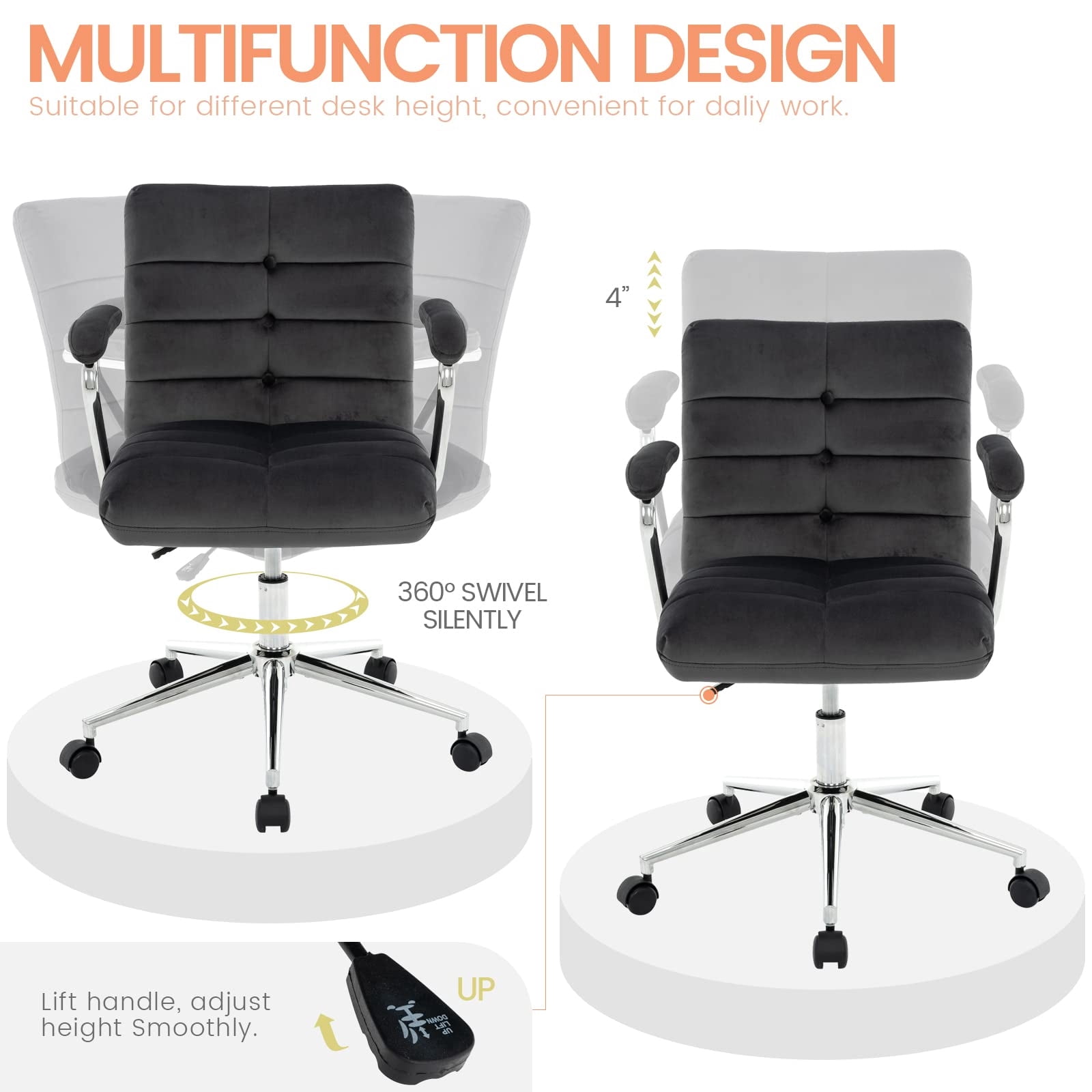 Velvet Desk Chair with Arms, Adjustable Height Home Office Chair, Mid-Back Upholstered Vanity Chair with 360° Swivel and Wheels for Living Room or Study, Black