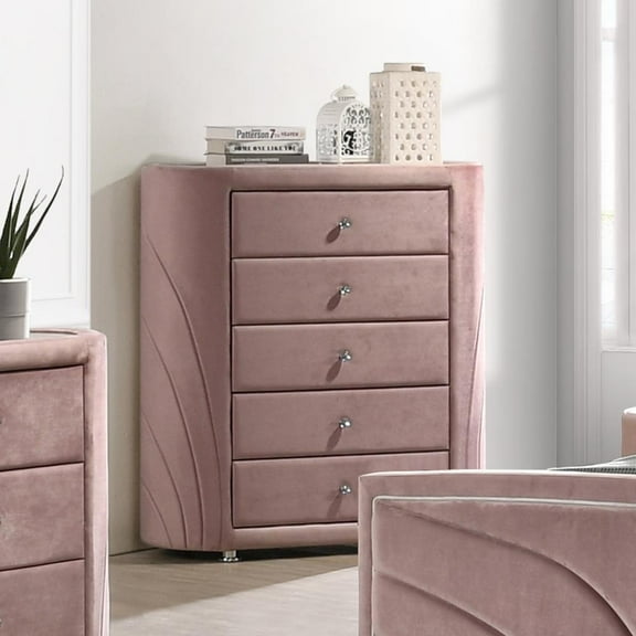 ACME Salonia 5 Drawers Velvet Upholstery Chest with Mirror Top in Pink