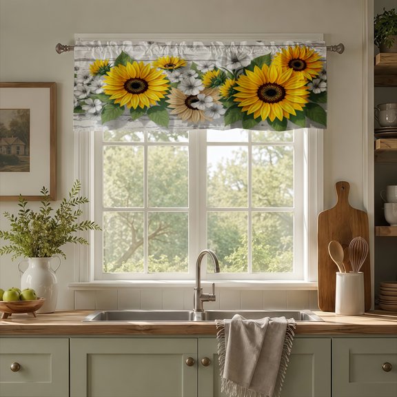 Rdsfhsp Sunflower Window Valance Curtain, Rustic Floral Pattern Decorative Rod Pocket Short Curtain for Kitchen Living Room Decor
