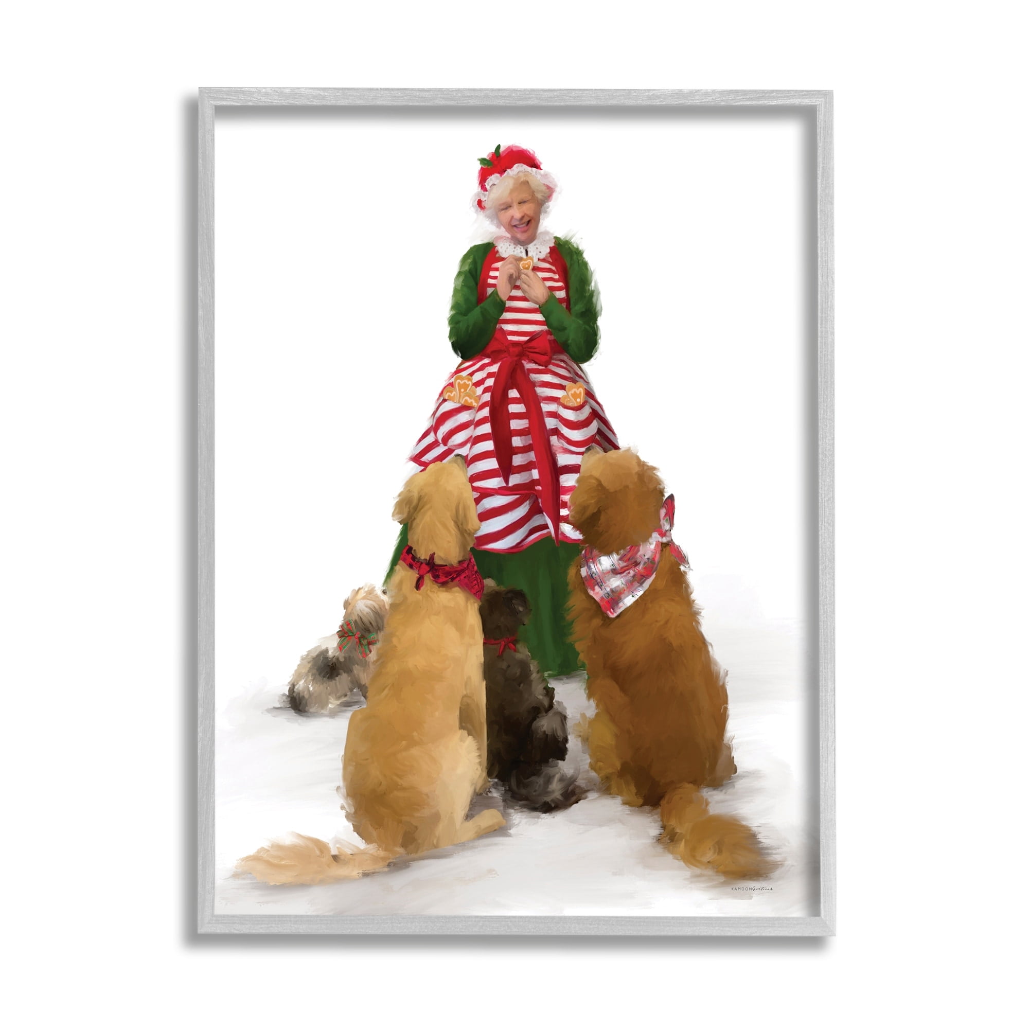 Joyful Mrs. Claus & Dogs Holiday Christmas Illustration Animals & Insects Painting Framed Art Print Wall Art