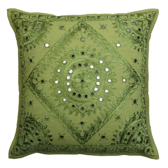 Stylo Culture Indian Couch Throw Pillow Cover 16 x 16 Hand Embroidered Parrot Green Bohemian 40cm x 40cm Home Decor Cotton Mirrored Square Cushion Cover | 1 Pc