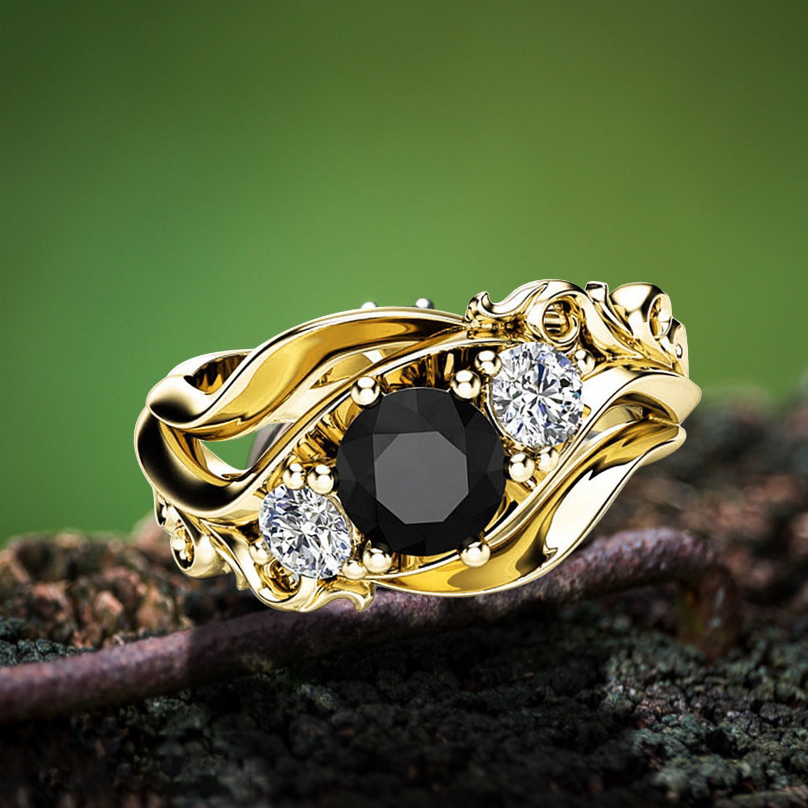 Ladies 3 Stone Yellow Gold Diamond Engagement Ring – pave diamonds