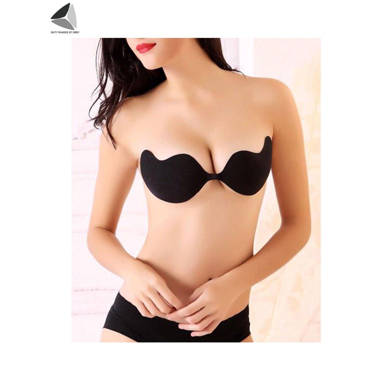 PULLIMORE Push Up Adhesive Bra Chest Gathered V Neck Silicone Bras  Strapless Backless Invisible Bras (Cup C, Black) 