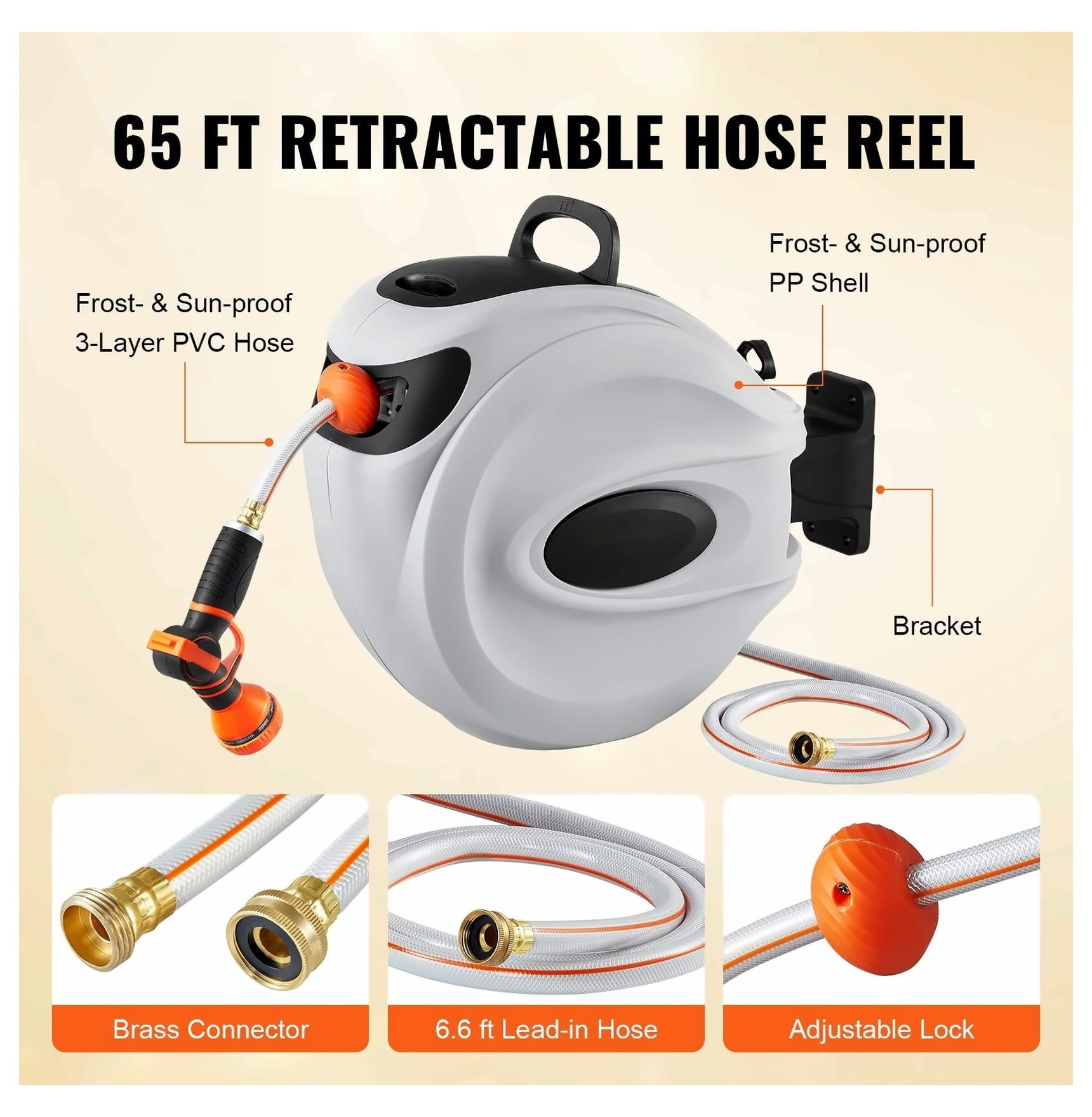Hose Reel Retractable 65ft Water Hose Reel Wall Mounted 180° Swivel Heavy Duty Garden Hose Reel Kit for Yard Lawn Irrigation Outdoor Use