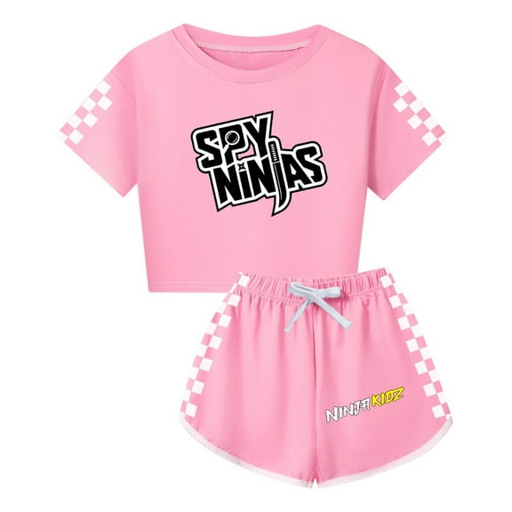 Kids Cartoon Outfit – Girls Ninja Kidz Crop Top and Shorts Set – Summer Casual Clothing