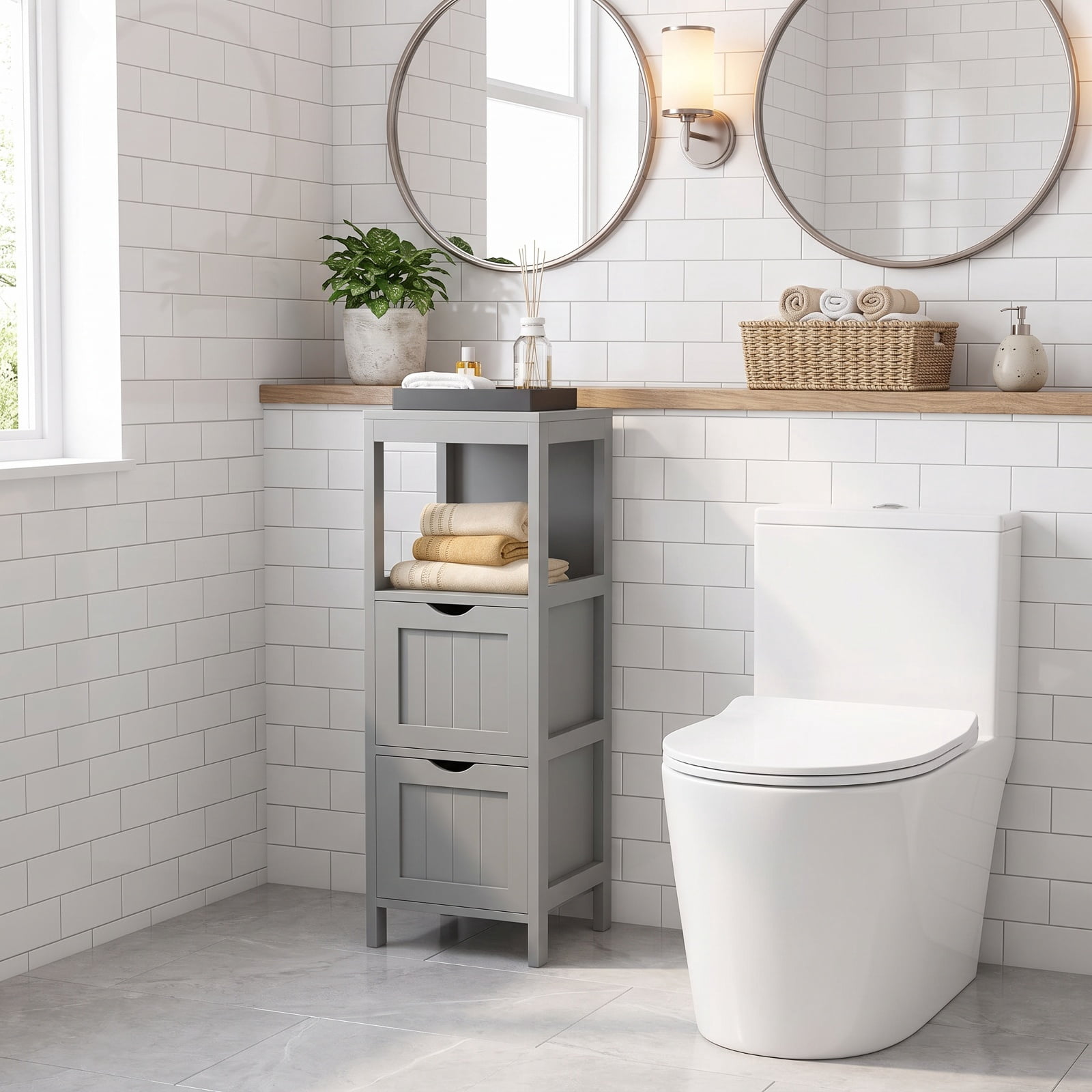 Vebreda Freestanding Bathroom Storage Cabinet, Freestanding Storage Cabinet with 2 Removable Drawers for Bathroom, Extra Anti-Toppling Mechanism