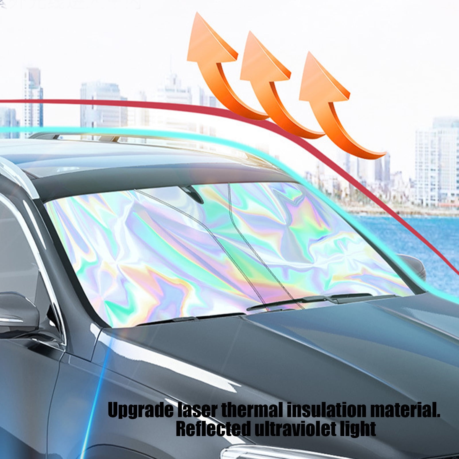 Car Windshield Sunshade with Heat Reflective Technology for Summer Sun Protection, Foldable Thermal Insulation Shade with Double Ring Easy Installation Storage Pouch