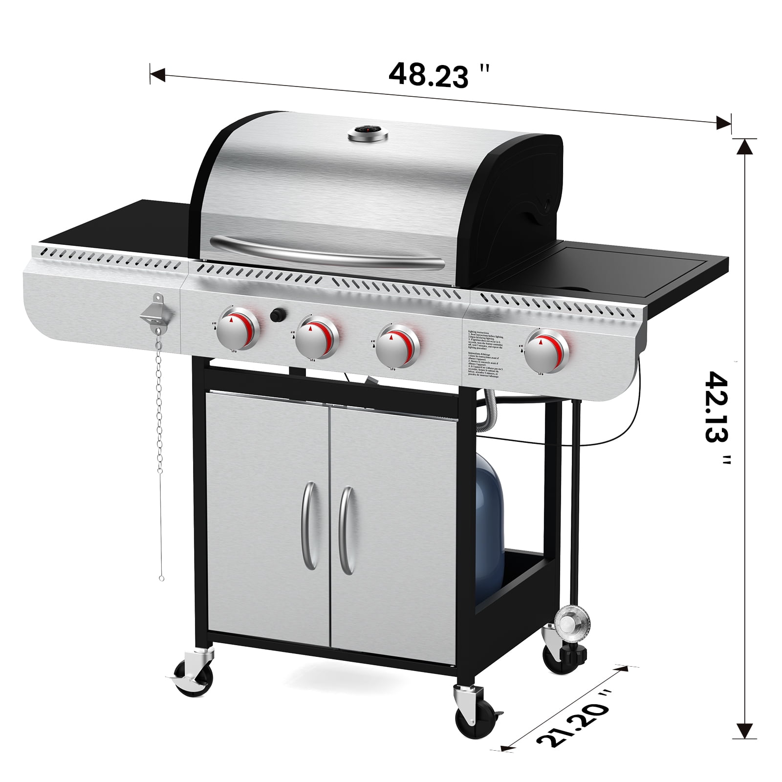 KNDKO 3-Burner Propane Gas Grill with Side Burner, 37,000 BTU Stainless Steel BBQ Grill, Porcelain-Enameled Cast Iron Grates, Heavy-Duty Design for Camping & Outdoor Cooking