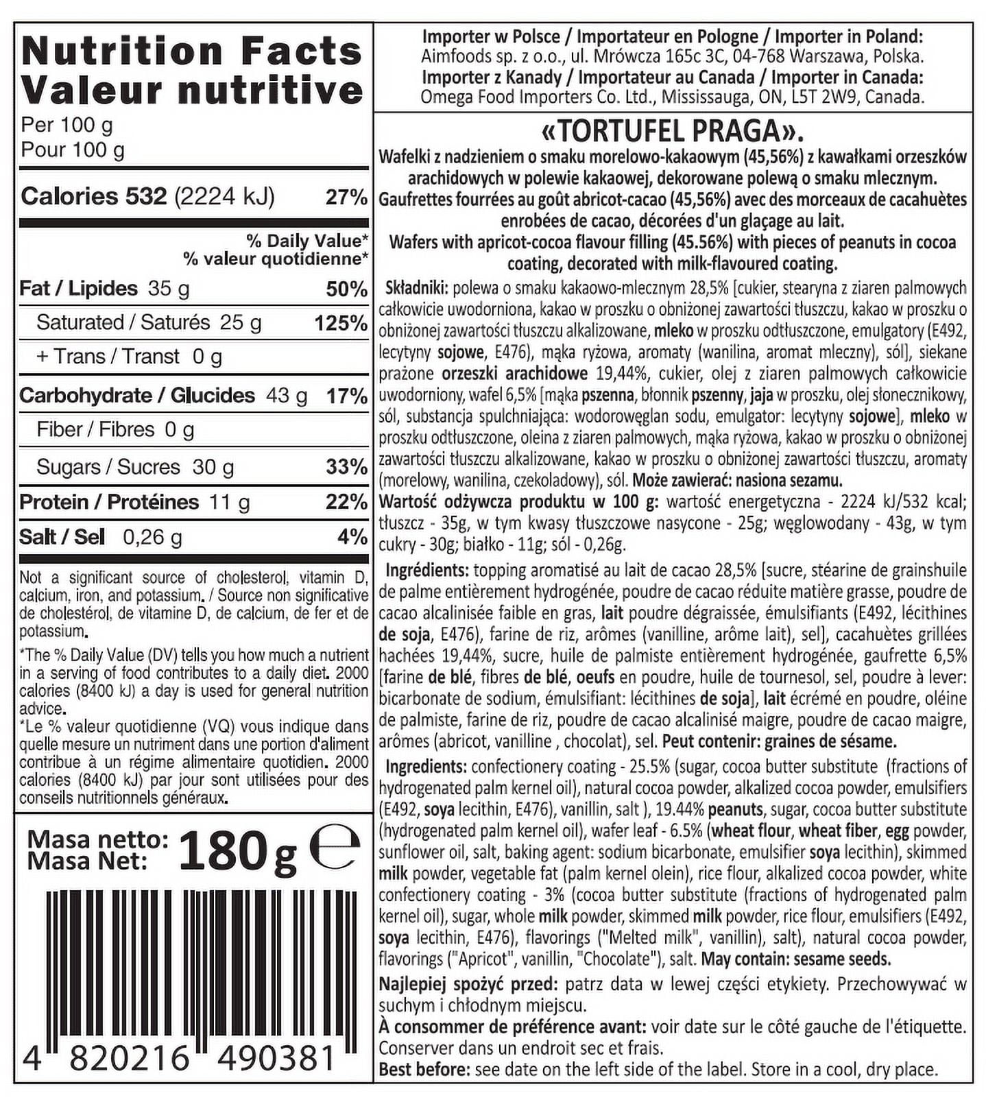 Tortufel Halva Gaufres au chocolat au lait, halva de tournesol et morceaux de cacahuètes, 180g