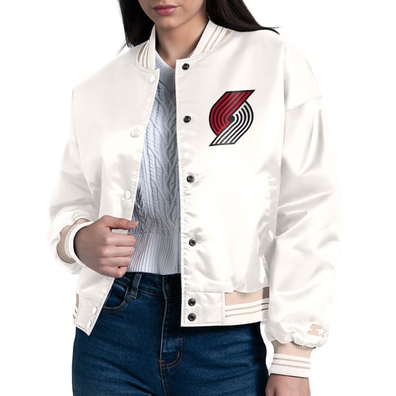 Women's Starter Cream Portland Trail Blazers Printed Logo Cropped Satin Varsity Full-Snap Jacket